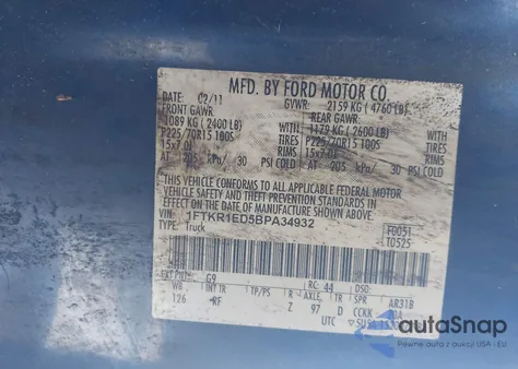 2011 Ford Ranger Super Cab from USA, damaged, VIN 1FTKR1ED5BPA34932